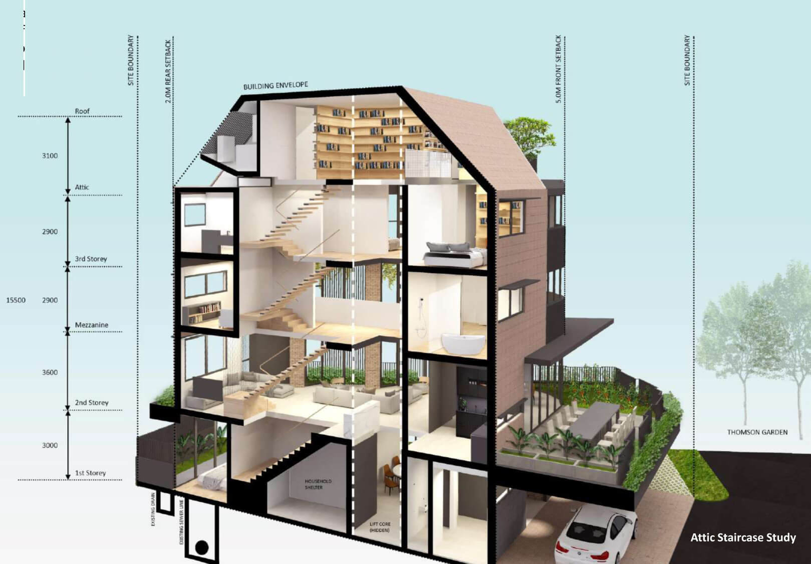This 5-storey house contains an elderly ensuite living space with helper's room on 1st storey, living, dining and kitchen at 2nd storey, Master bedroom suite with study on 3rd mezzanine, 3 children's bedroom on 4th storey and a shared children's playroom at the attic. A lift services 4 floors.