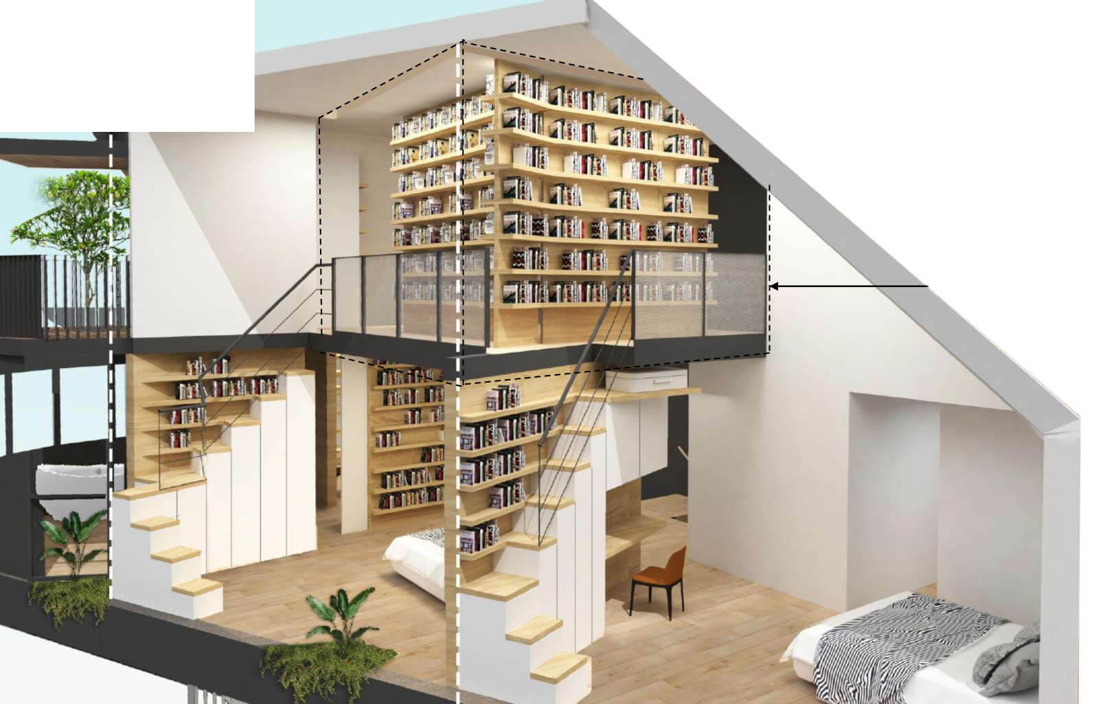 The attic is accessed by the main stair, but also playfully accessed mezzanine-style via a folding ladder from all 3 children's bedrooms at the floor below. This attic becomes a hideaway library for the children only.